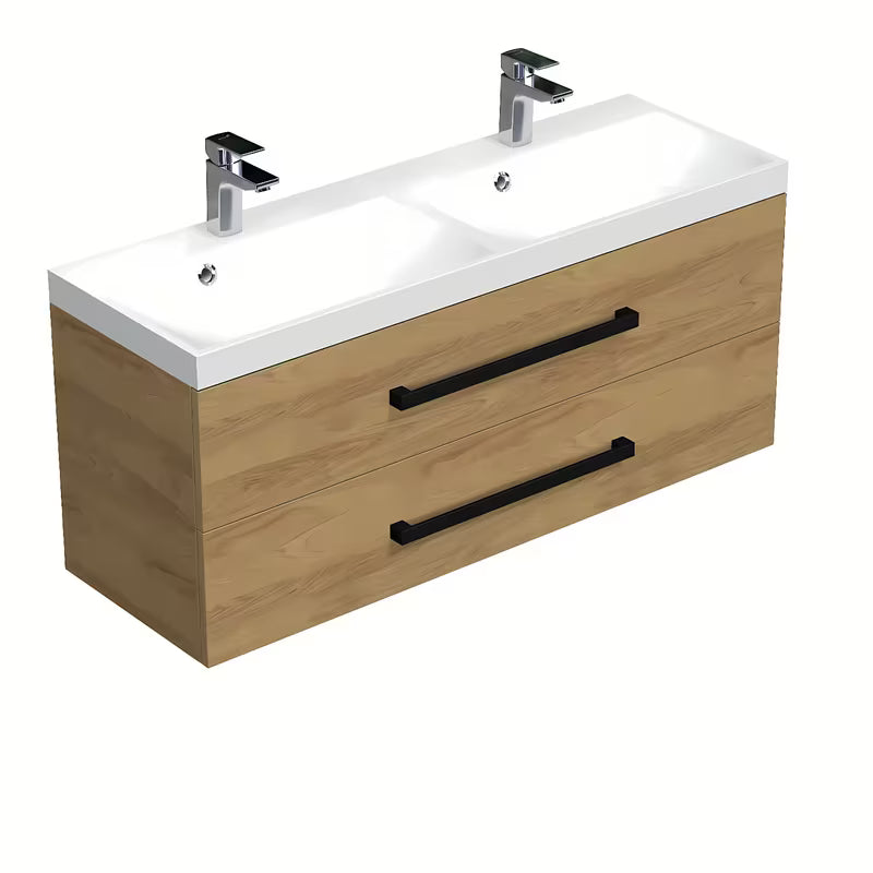 Pakabinama vonios spintelė su praustuvu SAT Cube Way 120x40 cm, ąžuolo hickory dekoro su juodomis rankenėlėmis