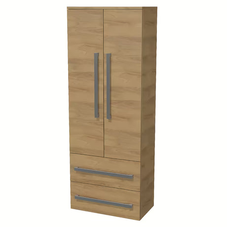 Aukšta pakabinama vonios spintelė SAT Cube Way 60x163x33 cm ąžuolo dekoro hickory su chromuotomis rankenėlėmis.