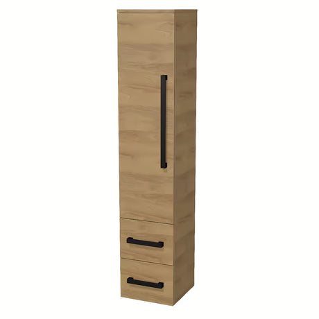 Aukšta vonios spintelė SAT Cube Way ąžuolo dekoro hickory su juodomis rankenėlėmis