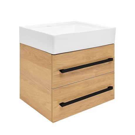 Pakabinama vonios spintelė su keraminiu praustuvu SAT Cube Way, 60x53x46 cm, ąžuolo dekoro hickory