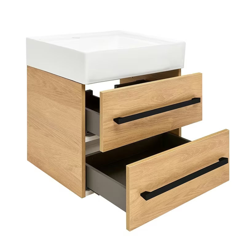 Pakabinama vonios spintelė su keraminiu praustuvu SAT Cube Way, 60x53x46 cm, ąžuolo dekoro hickory