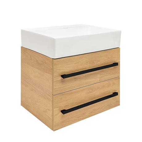 Pakabinama vonios spintelė su keraminiu praustuvu SAT Cube Way, 60x46 cm, ąžuolo dekoro hickory