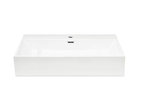 Baltas keraminis pakabinamas praustuvas SAT Cube Way 75x42 cm su persipylimo anga ir anga pro maišytuvui