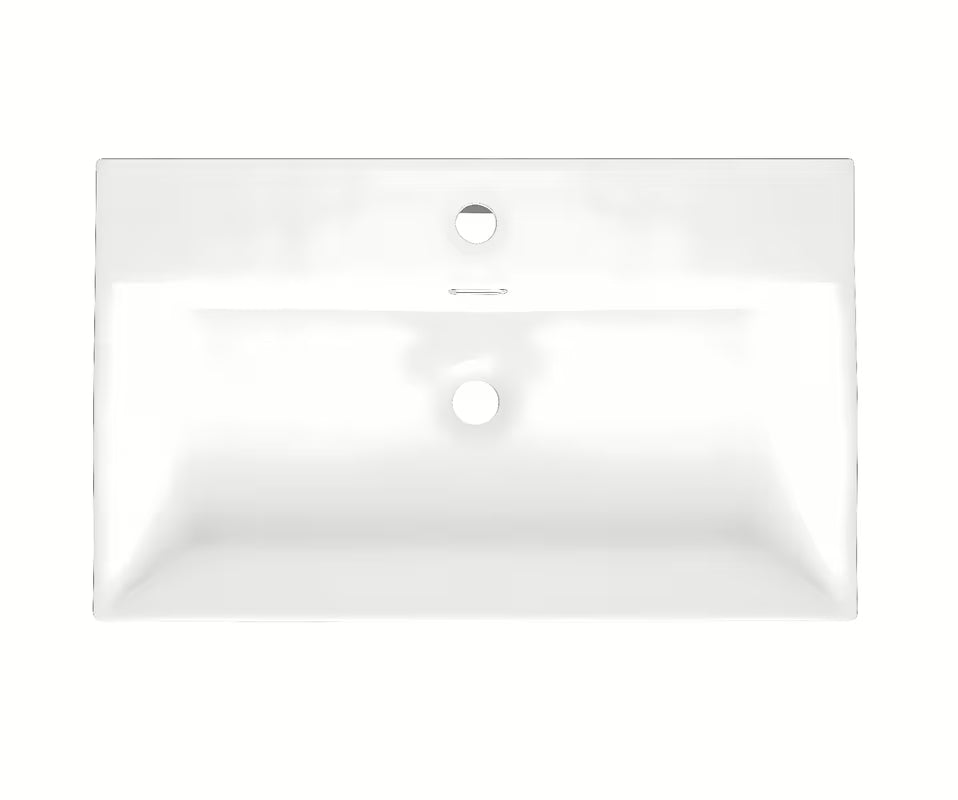 Baltas keraminis pakabinamas praustuvas SAT Cube Way 75x42 cm su persipylimo anga ir anga pro maišytuvui
