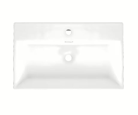 Baltas keraminis pakabinamas praustuvas SAT Cube Way 75x42 cm su persipylimo anga ir anga pro maišytuvui