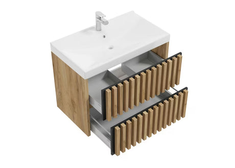 Pakabinama vonios spintelė su keraminiu praustuvu SAT Delano ąžuolo dekoro, su vertikaliomis lamelėmis