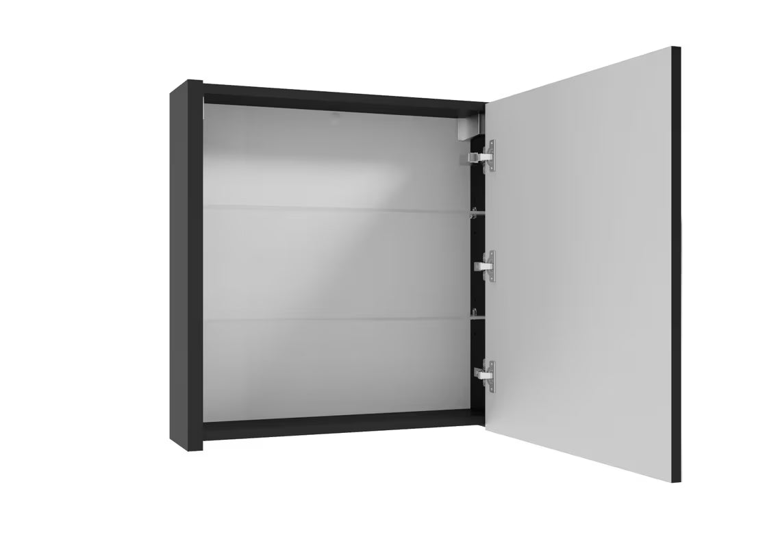 Juoda pakabinama veidrodinė spintelė SAT Delano 60x60 cm su veidrodžiu ir vidinėmis lentynėlėmis