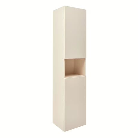Pakabinama aukšta vonios spintelė SAT Feel smėlio beige matinės spalvos su stiklinėmis lentynėlėmis.
