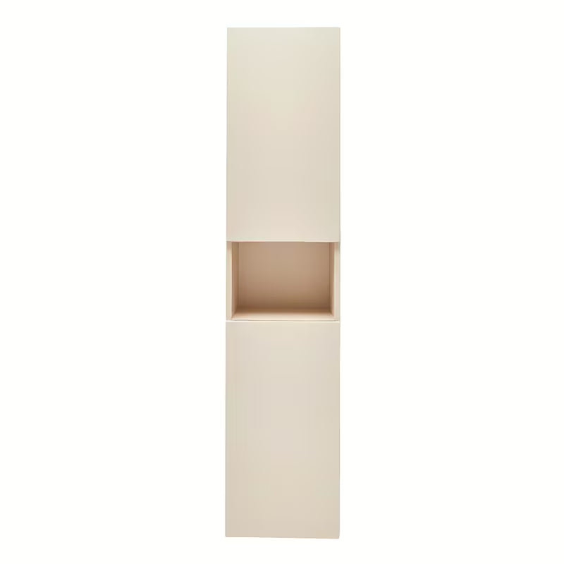Pakabinama aukšta vonios spintelė SAT Feel smėlio beige matinės spalvos su stiklinėmis lentynėlėmis.