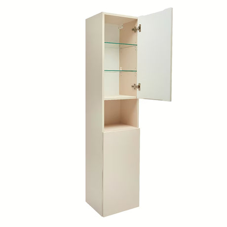 Pakabinama aukšta vonios spintelė SAT Feel smėlio beige matinės spalvos su stiklinėmis lentynėlėmis.