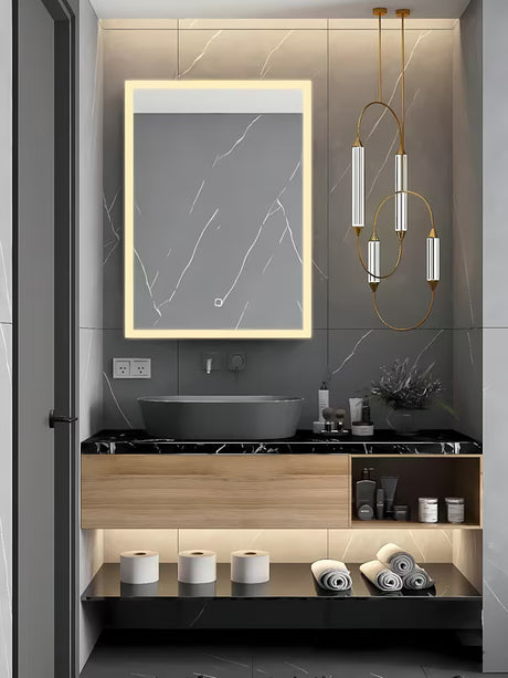 Baltas stačiakampis veidrodis SAT Feel 50x70 cm su LED apšvietimu ir jutikliniu valdymu