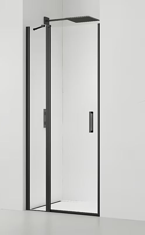 Dušo durys nišai SAT Fusion 80 cm, juodos matinės spalvos, su skaidriu stiklu ir berėme konstrukcija.