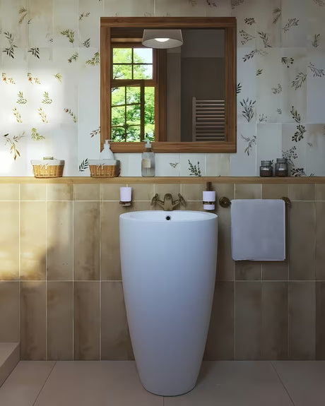 Laisvai pastatomas keraminis praustuvas SAT Fusion baltos spalvos, 50 cm skersmens