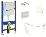 Pakabinami WC komplektas SAT Fusion su sūkuriniu nuplovimu ir bakeliu Geberit Delta su baltu nuleidimo mygtuku