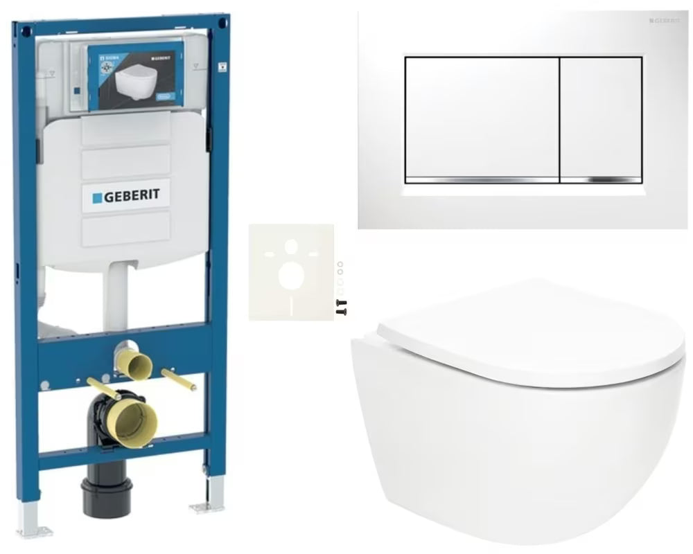 Pakabinami WC komplektas SAT Fusion su sūkuriniu nuplovimu, moduliu Duofix, bakeliu Geberit ir mygtuku Sigma