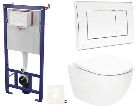 Pakabinami WC komplektas SAT Fusion su sūkuriniu nuplovimu, bakeliu, nuleidimo mygtuku ir KLOZETAS sėdyne
