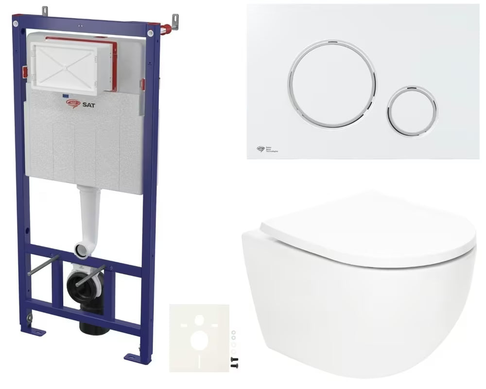 Pakabinami WC komplektas SAT Fusion su sūkuriniu nuplovimu, moduliu, bakeliu, baltu mygtuku ir sėdyne