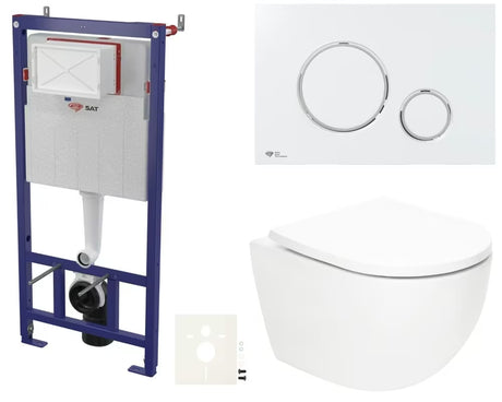 Pakabinami WC komplektas SAT Fusion su sūkuriniu nuplovimu, moduliu, bakeliu, baltu mygtuku ir sėdyne