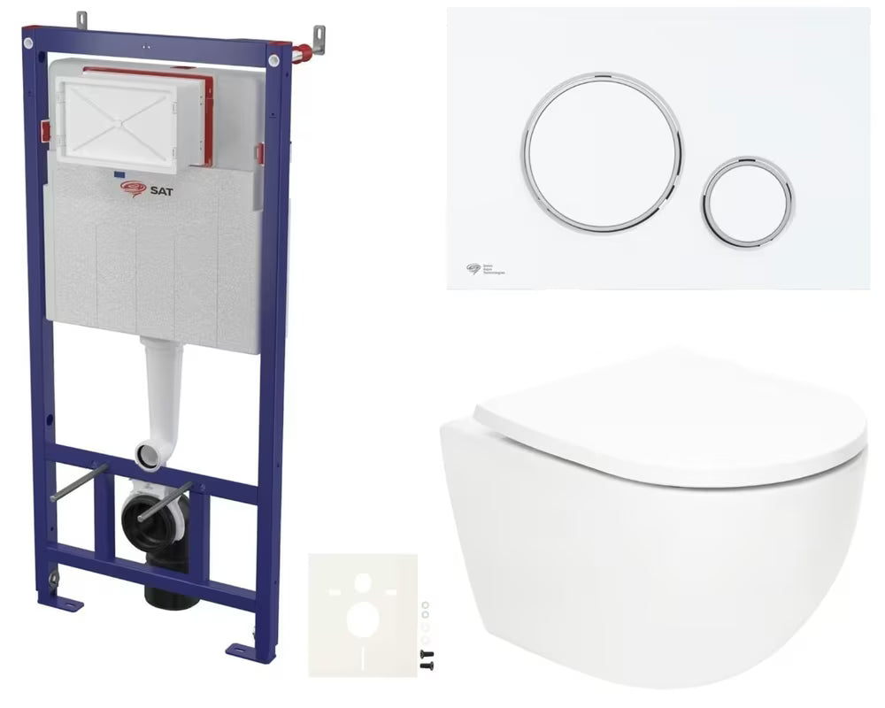 Pakabinami WC komplektas SAT Fusion su sūkuriniu nuplovimu, bakeliu, baltu matiniu nuleidimo mygtuku ir sėdyne