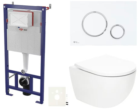 Pakabinami WC komplektas SAT Fusion su sūkuriniu nuplovimu, bakeliu, baltu matiniu nuleidimo mygtuku ir sėdyne