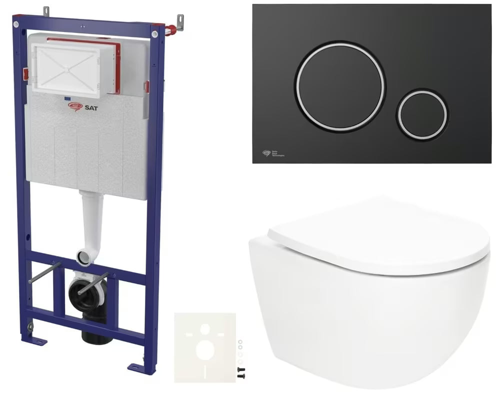 Pakabinami WC komplektas SAT Fusion su sūkuriniu nuplovimu, moduliu, bakeliu, juodu matiniu mygtuku ir sėdyne