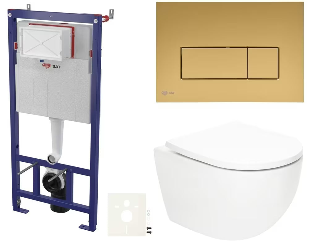 Pakabinami WC komplektas SAT Fusion su sūkuriniu nuplovimu, bakeliu, matiniu gold nuleidimo mygtuku ir sėdyne