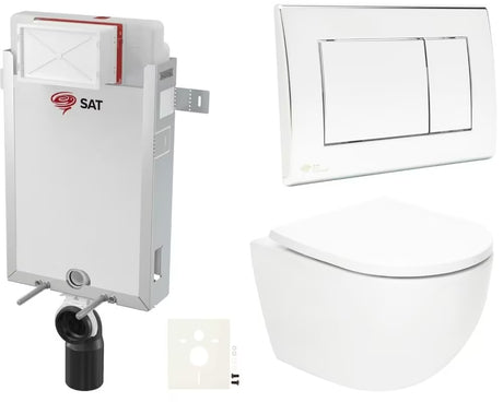Pakabinami WC komplektas SAT Fusion su potinkiniu moduliu, KLOZETAS bakeliu, blizgiu chromo valdymo mygtuku ir duroplastine sėdyne.