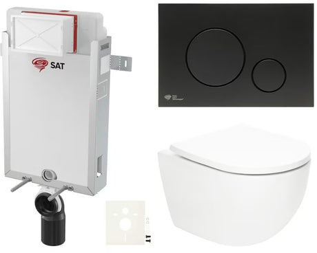 Pakabinami WC komplektas SAT Fusion su sūkuriniu nuplovimu, potinkiniu moduliu, bakeliu ir juodu matiniu mygtuku