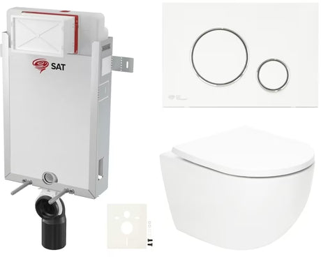 Pakabinami WC komplektas SAT Fusion su sūkuriniu nuplovimu, potinkiniu moduliu, bakeliu, mygtuku ir sėdyne