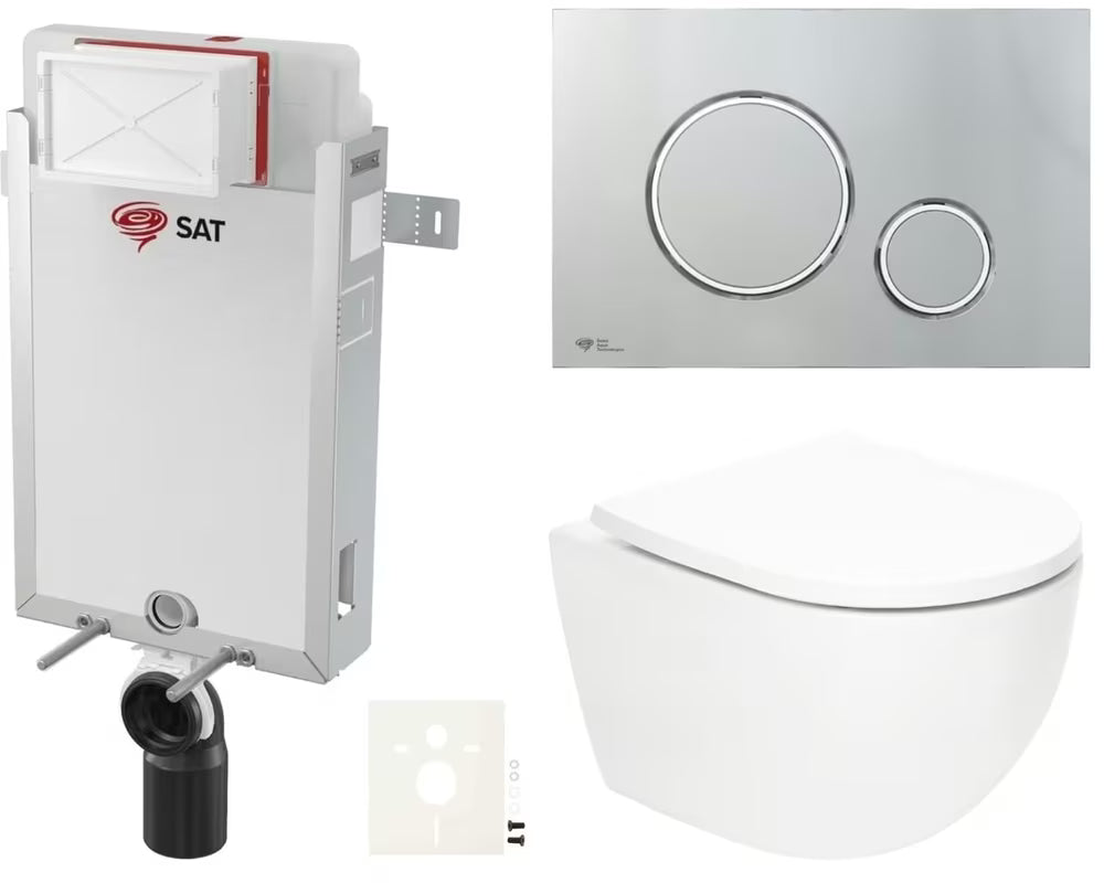 Pakabinami WC komplektas SAT Fusion su sūkuriniu nuplovimu, potinkiniu moduliu, bakeliu ir blizgiu chromo mygtuku