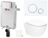 Pakabinami WC komplektas SAT Fusion su sūkuriniu nuplovimu, potinkiniu moduliu, bakeliu ir baltu matiniu mygtuku