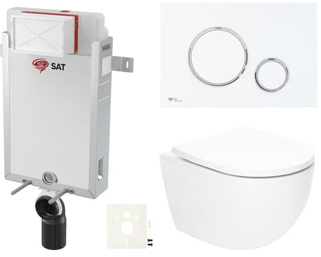 Pakabinami WC komplektas SAT Fusion su sūkuriniu nuplovimu, potinkiniu moduliu, bakeliu ir baltu matiniu mygtuku