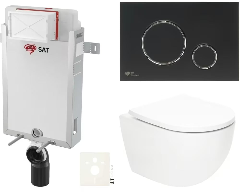 Pakabinami WC komplektas SAT Fusion su sūkuriniu nuplovimu, juodu matiniu mygtuku ir duroplasto sėdyne