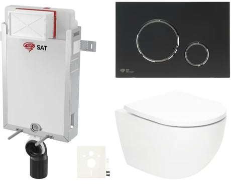 Pakabinami WC komplektas SAT Fusion su sūkuriniu nuplovimu, juodu matiniu mygtuku ir duroplasto sėdyne