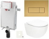 Pakabinami WC komplektas SAT Fusion su potinkiniu moduliu, bakeliu, gold mat mygtuku ir duroplasto sėdyne.