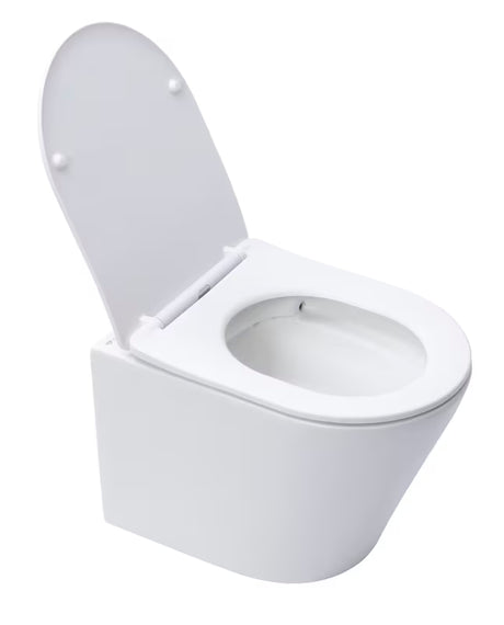 Pakabinamas KLOZETAS SAT Infinitio matinės baltos spalvos, su paslėptu tvirtinimu ir sėdyne softclose.