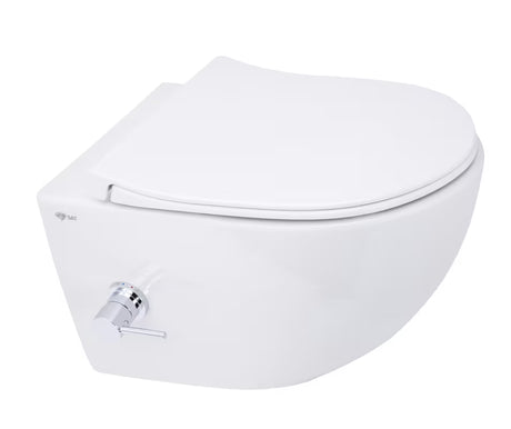 Baltas pakabinamas KLOZETAS SAT Infinitio su integruota bidė funkcija, šoniniu valdymu ir softclose sėdyne.