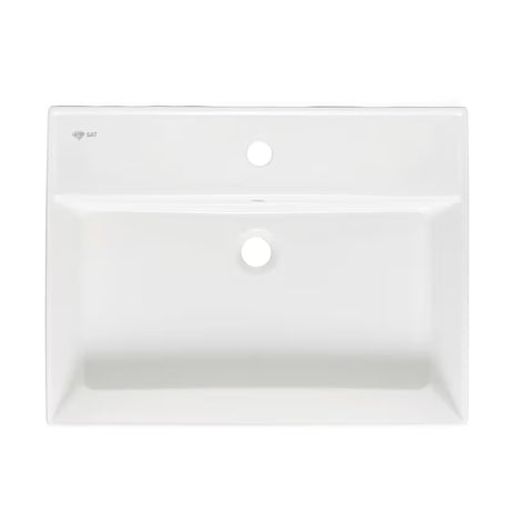 Baltas keraminis pakabinamas praustuvas SAT Infinitio 60,5x46,5 cm su persipylimo anga ir anga pro maišytuvui centre.