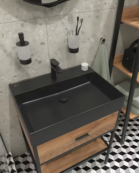 Juodos matinės spalvos keraminis praustuvas SAT Infinitio 60,5 x 46,5 cm su persipylimo anga