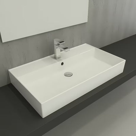 Baltas keraminis praustuvas SAT Infinitio 80,5x46,5 cm su persipylimo anga ir stačiakampio dizaino