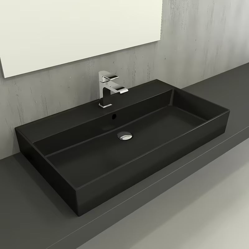 Keraminis praustuvas SAT Infinitio 80,5x46,5 cm, juodos matinės spalvos, su persipylimo anga, stačiakampio formos.