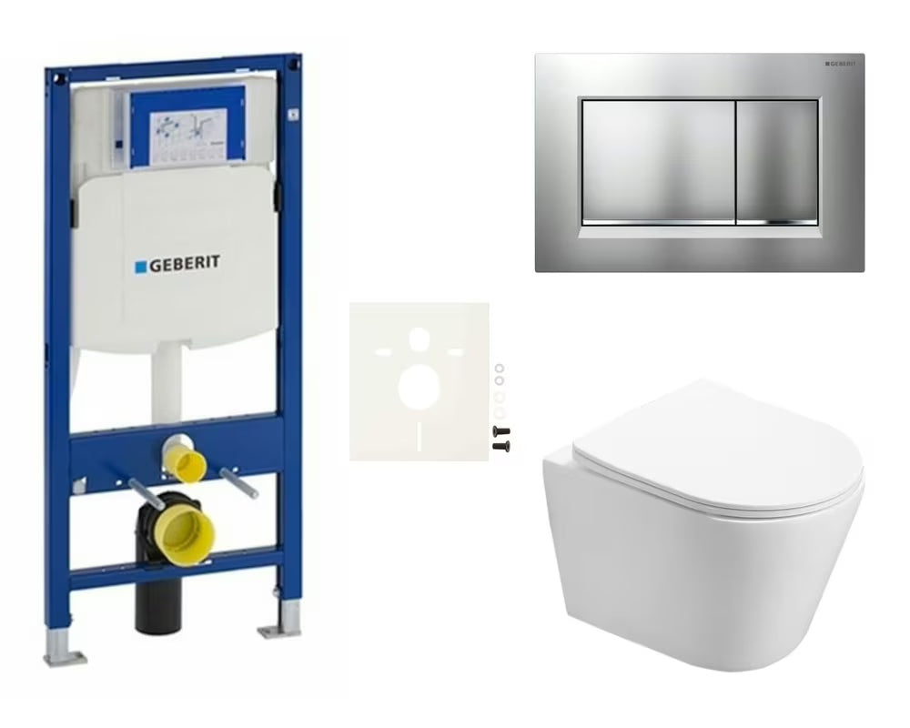 Pakabinami WC komplektas SAT Infinitio su moduliu Geberit Duofix, potinkiniu bakeliu ir nuleidimo mygtuku Sigma30