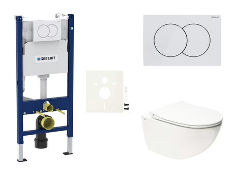 Pakabinami WC komplektas SAT Infinitio su potinkiniu moduliu ir bakeliu Geberit Delta, modernaus dizaino.