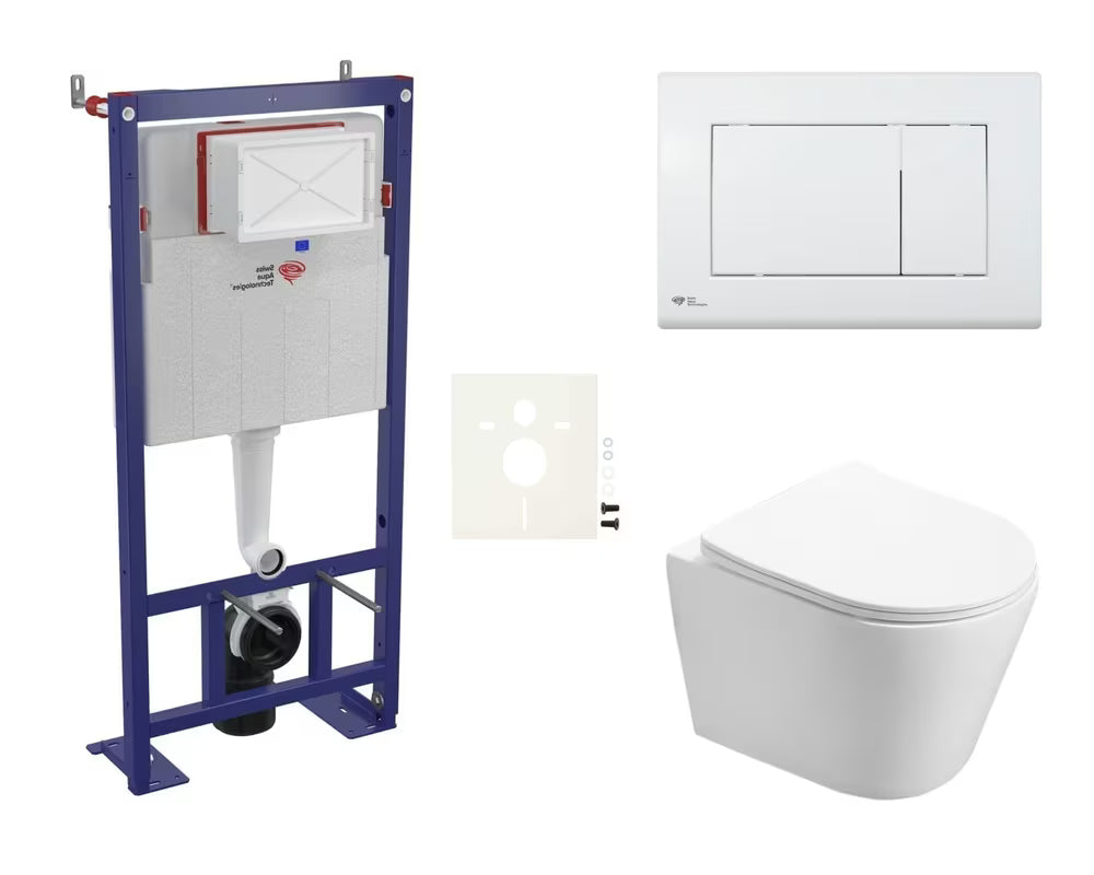 Pakabinami WC komplektas SAT Infinitio su potinkiniu moduliu, baltu mygtuku ir sėdyne softclose