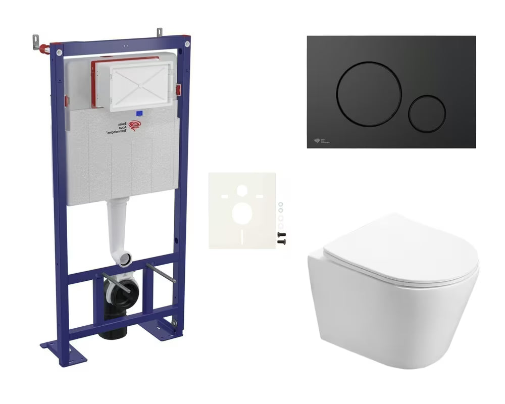 Pakabinami WC komplektas SAT Infinitio su potinkiniu moduliu, juodu matiniu mygtuku ir sėdyne softclose