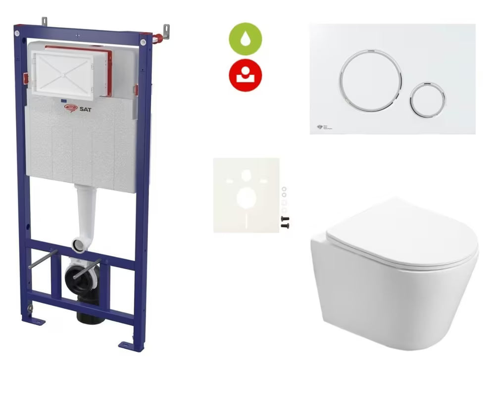 Pakabinami WC komplektas SAT Infinitio su potinkiniu moduliu lengvoms sienoms ir nuleidimo mygtuku