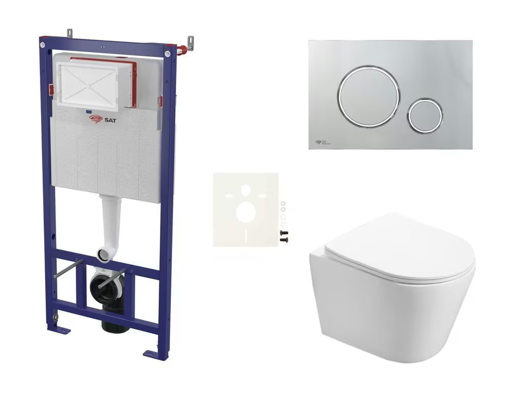 Pakabinami WC komplektas SAT Infinitio su potinkine bakeliu, nuleidimo mygtuku ir sėdyne softclose