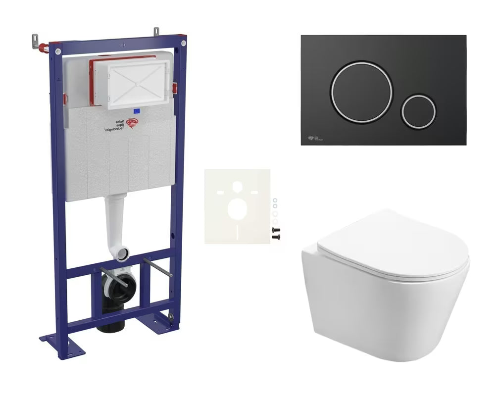 Pakabinami WC komplektas SAT Infinitio su potinkiniu moduliu lengvai sienai, juodu matiniu mygtuku ir sėdyne softclose