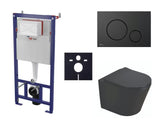 Pakabinami WC komplektas SAT Infinitio su prie sienos montuojamu moduliu, juodu nuleidimo mygtuku ir sėdyne softclose