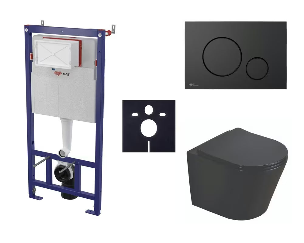 Pakabinami WC komplektas SAT Infinitio su prie sienos montuojamu moduliu, juodu nuleidimo mygtuku ir sėdyne softclose
